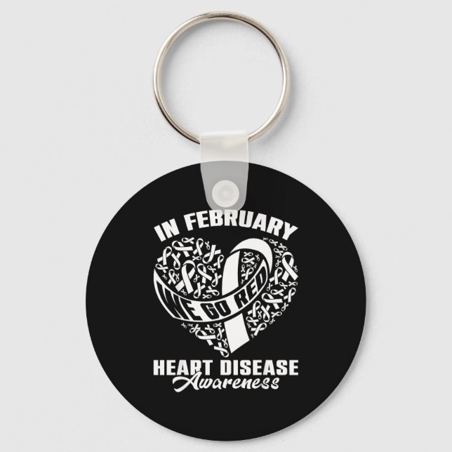 In February We Go Red Disease Awareness Red Ribbon Key Ring (Front)