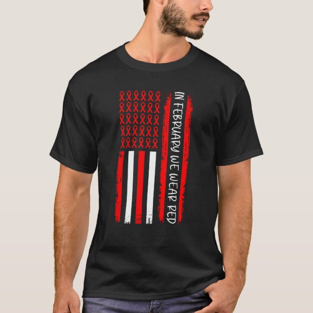 In February We Wear Red USA Flag Red Ribbon Heart  T-Shirt (Front)