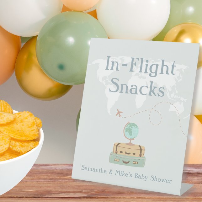 In-Flight Snacks World Map Adventure Baby Shower Pedestal Sign (In-Flight Snacks World Map Adventure Baby Shower Pedestal Sign)