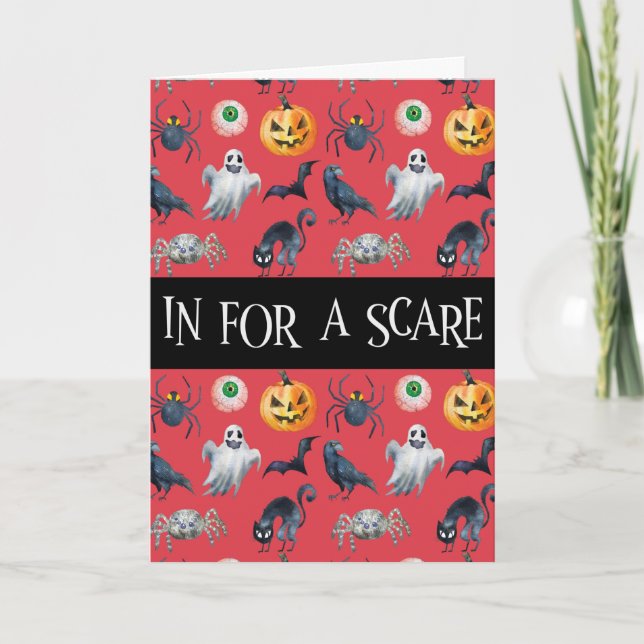 "In for a Scare" Red Halloween Pattern Card (Front)