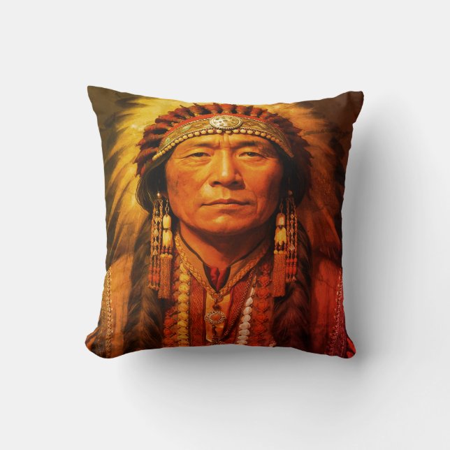 In Full Dress a Native American Indian Chief on a  Cushion (Front)