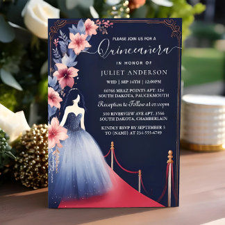 In Glam Ball Gown Spark Dark Navy Blue Quinceanera Invitation