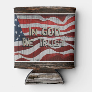 In God We Trust Rustic Barn Board American Flag Can Cooler