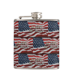 In God We Trust Rustic Barn Board American Flag Hip Flask