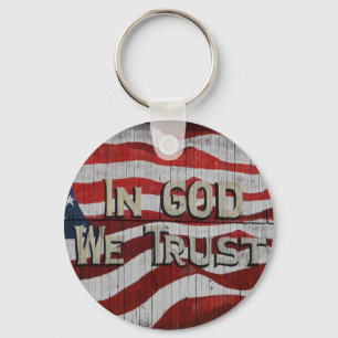 In God We Trust Rustic Barn Board American Flag Key Ring