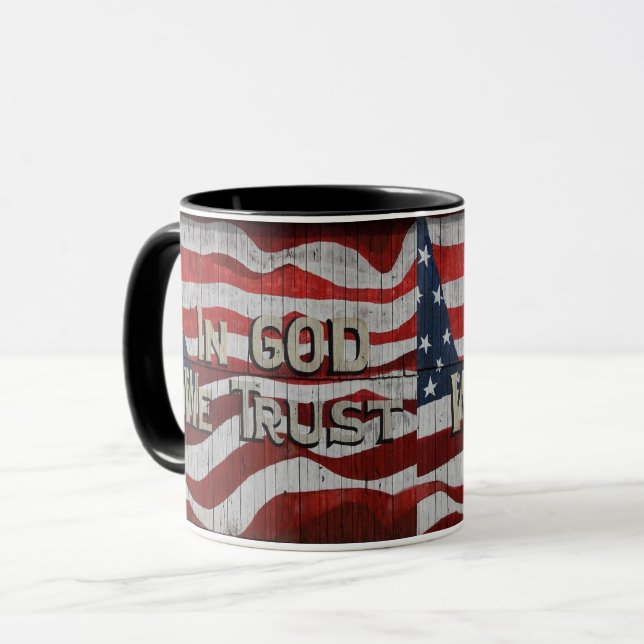 In God We Trust Rustic Barn Board American Flag Mug (Front Left)