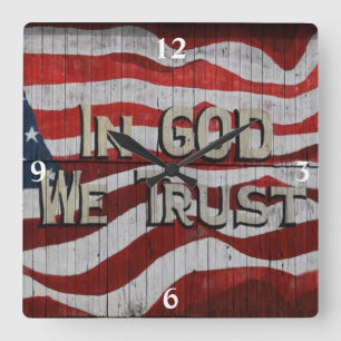 In God We Trust Rustic Barn Board American Flag Sq Square Wall Clock