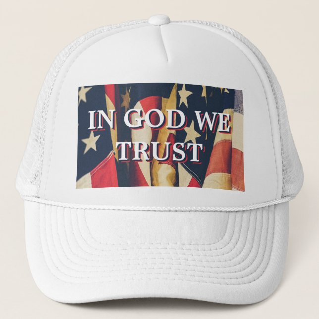In God We Trust USA Flag White  Trucker Hat (Front)