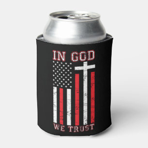 In God We Trust - Vintage USA Flag Cross Patriotic Can Cooler