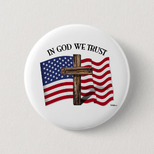 In God We Trust with Rugged Cross and US Flag 6 Cm Round Badge