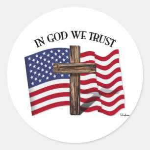 In God We Trust with rugged cross and US flag Classic Round Sticker