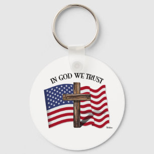 In God We Trust with rugged cross and US flag Key Ring