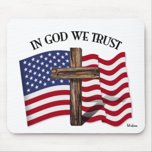 In God We Trust with rugged cross and US flag Mouse Mat