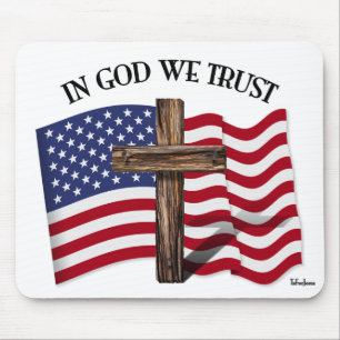 In God We Trust with Rugged Cross and US Flag Mouse Mat