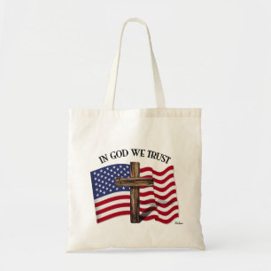 In God We Trust with Rugged Cross and US Flag Tote Bag