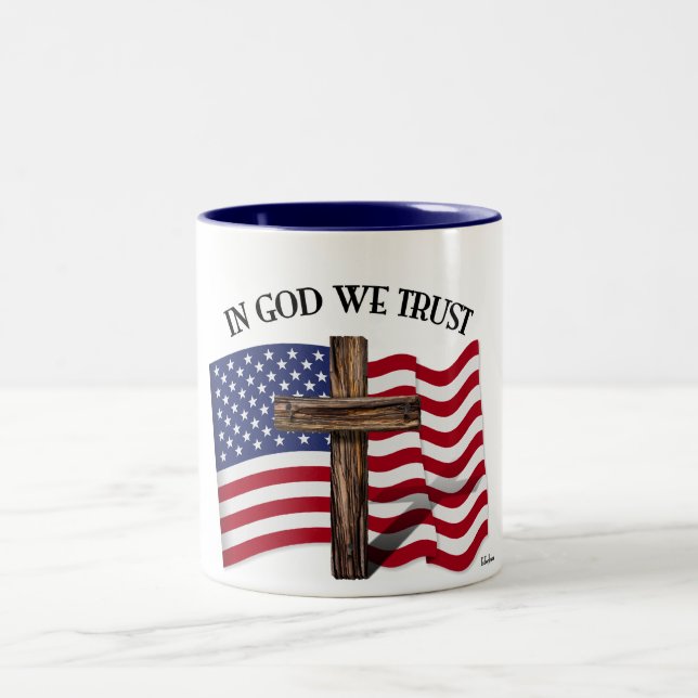 In God We Trust with rugged cross and US flag Two-Tone Coffee Mug (Center)