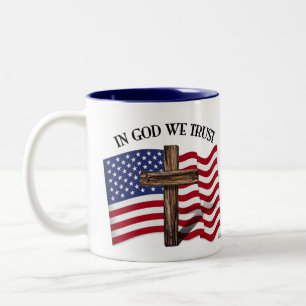 In God We Trust with Rugged Cross and US Flag Two-Tone Coffee Mug