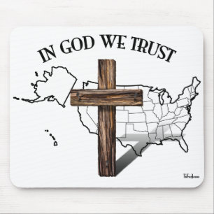 In God We Trust with rugged cross and US outline Mouse Mat