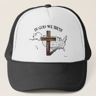 In God We Trust with rugged cross and US outline Trucker Hat