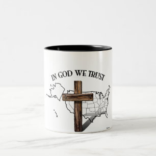In God We Trust with rugged cross and US outline Two-Tone Coffee Mug