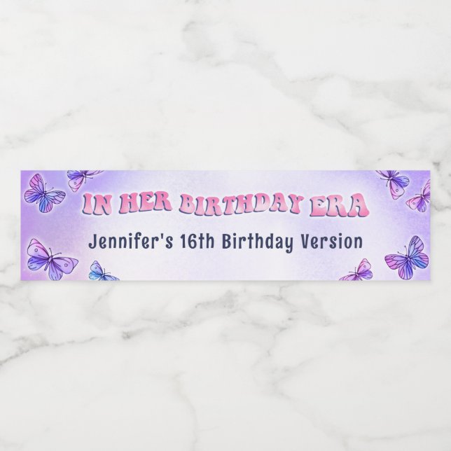 In Her Birthday Era Party Butterfly Water Bottle  Water Bottle Label (Single Label)
