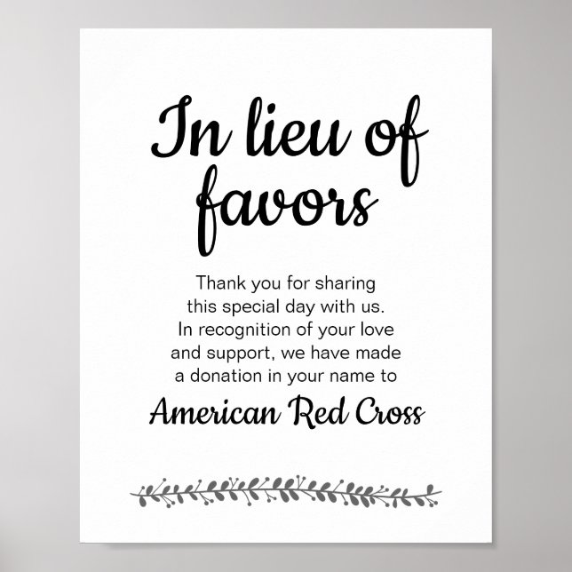 In Lieu Of Favors Charity Donation Wedding Sign (Front)