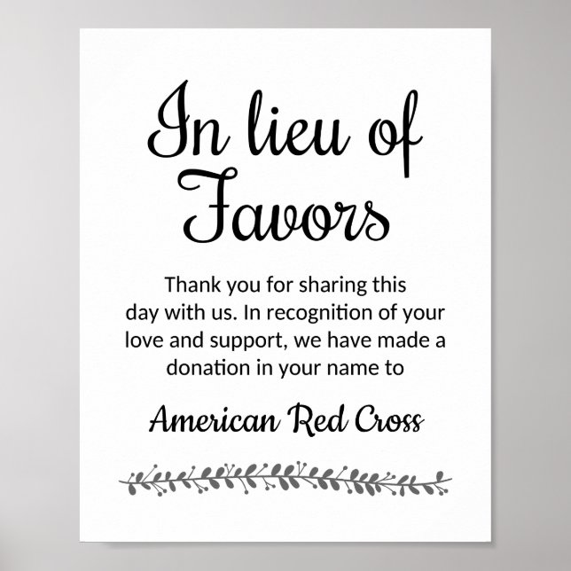 In Lieu Of Favors Charity Donation Wedding Sign (Front)