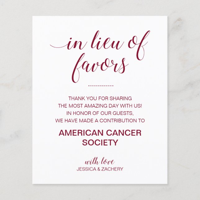 In Lieu Of Favours Charity Donate Burgundy Wedding (Front)