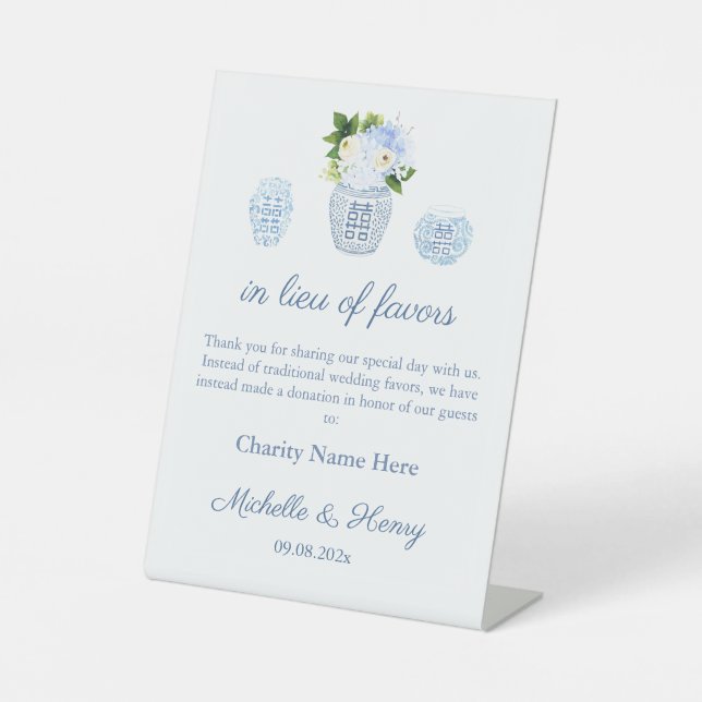In Lieu Of Favours Chinoiserie Blue White Wedding Pedestal Sign (Front)