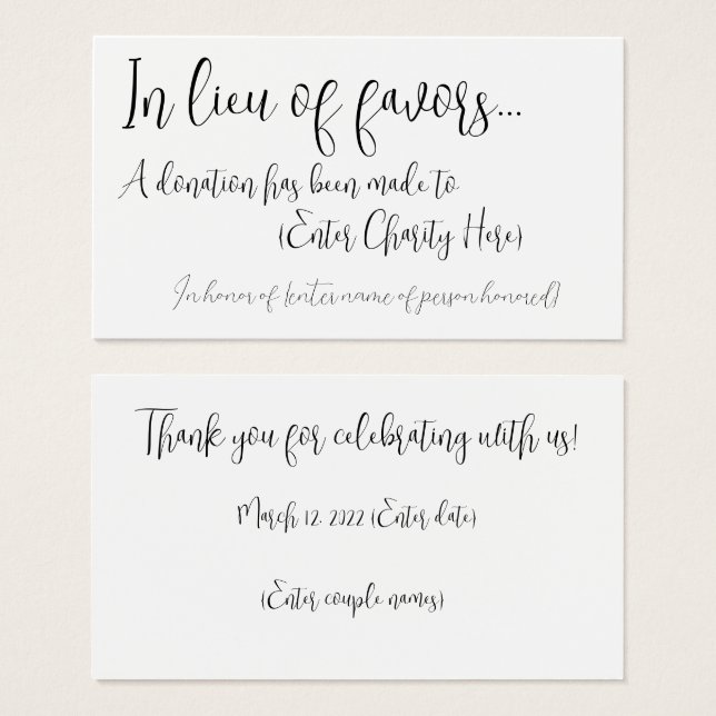 In lieu of favours donation card for wedding  (Front & Back)