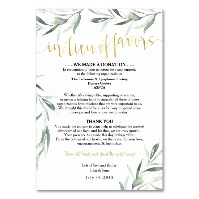 In Lieu of Favours for Jenn Table Number (Front)