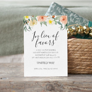 In Lieu Of Favours Peach Flowers Charity Wedding Place Card