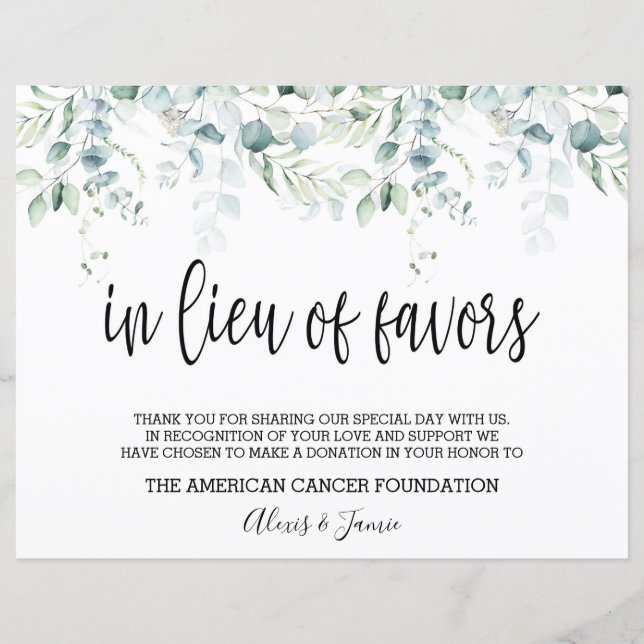 In Lieu of Favours Sign - Eucalyptus Wedding (Front)