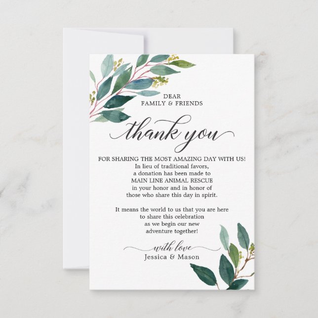 In Lieu of Favours Thank You Place Card Greenery (Front)