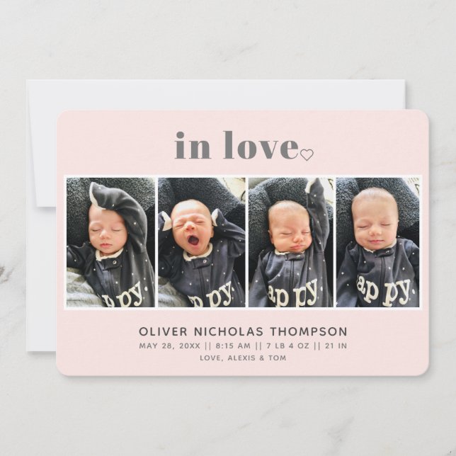 In Love Blush Simple Modern Birth Announcement (Front)