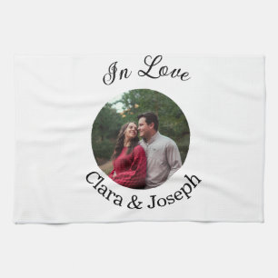 In love couple circular photo name wedding romanti tea towel