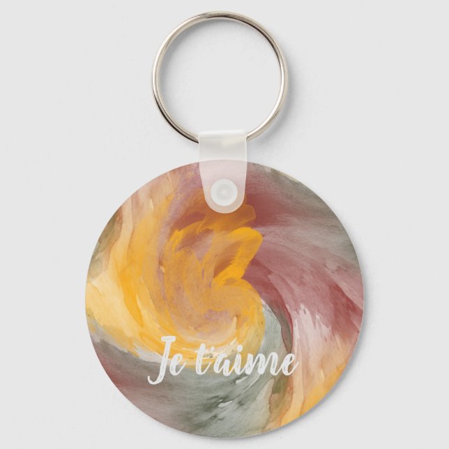 In Love French Autumn Watercolor Paint Swirls Key Ring (Front)