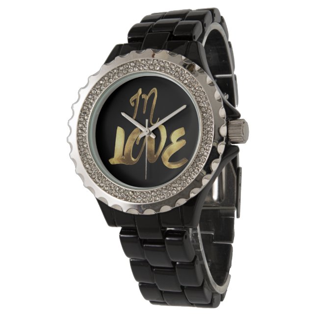 In Love Quote Gold Look Typography Romantic Script Watch (Angled)