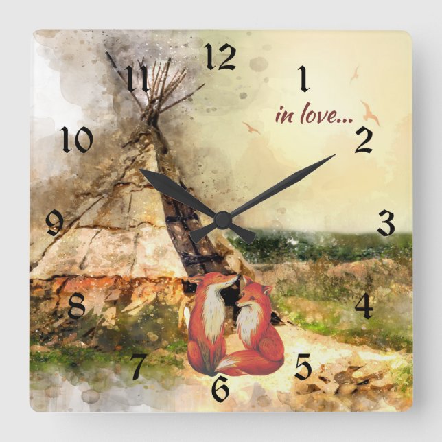 in love ~ Tribal Tipi and Beautiful Foxes Teepee Square Wall Clock (Front)