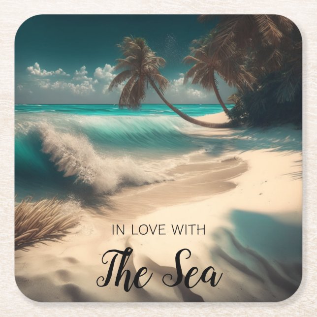 In Love with the Sea | Tropical Art Square Paper Coaster (Front)