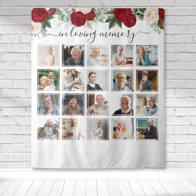 In Loving Memory 20 Photo Red Floral Memorial Tapestry (Red and white rose watercolor floral botanical memorial collage tapestry to honor your loved one.)