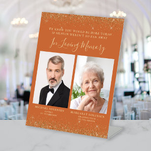 In Loving Memory 2 Photo Burnt Orange Gold Wedding Pedestal Sign