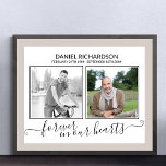 In Loving Memory 2 Photo EleganT Script Funeral Poster<br><div class="desc">Custom photo poster to use as funeral memorial board or wake welcome sign which you can personalise with two photos of your dear departed and add your personalised text. The design features elegant script and modern typography in black and white and is lettered with "forever in our hearts". Your pictures...</div>