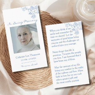 In Loving Memory Blue Floral Photo Prayer Card