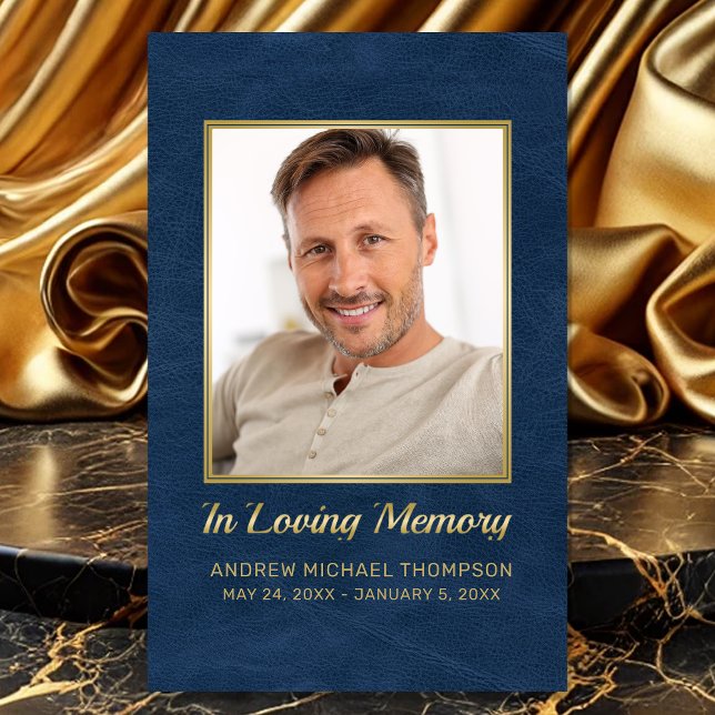 In Loving Memory Blue Gold Photo Funeral Card (Sympathy Blue Faux Leather In Loving Memory Funeral Card with Custom Poem or Prayer)