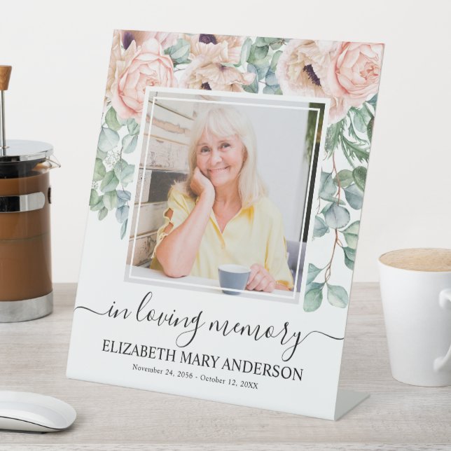 In Loving Memory Blush Pink Floral Funeral Photo Pedestal Sign (In SItu)