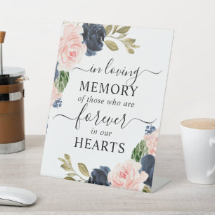 In Loving Memory Blush Pink Navy Blue Floral  Pedestal Sign