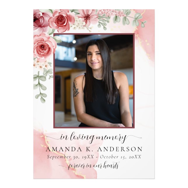 In Loving Memory Blush Red Flower Funeral Photo Print (Front)