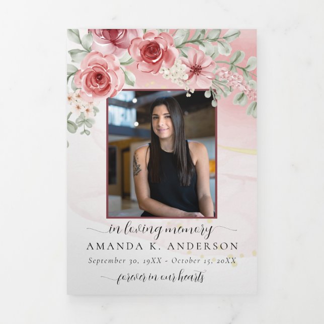 In Loving Memory Blush Red Flower Funeral Tri-Fold Programme (Cover)