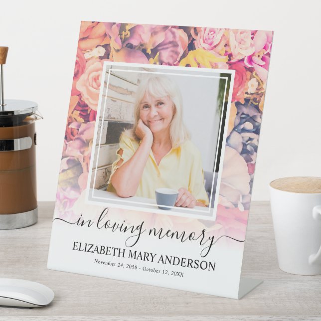 In Loving Memory Bright Floral Funeral Photo Pedestal Sign (In SItu)